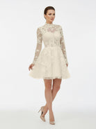 Marilla | Short White A - Line Illusion Neck Long Sleeves Lace Wedding Dresses - KissProm