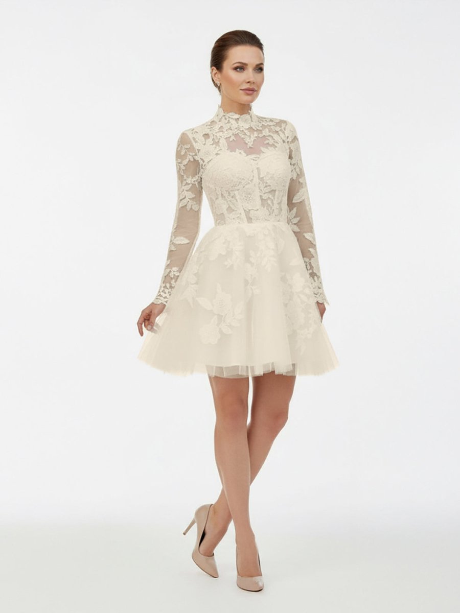 Marilla | Short White A - Line Illusion Neck Long Sleeves Lace Wedding Dresses - KissProm