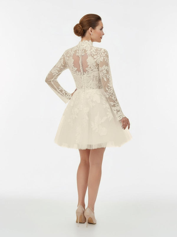 short white dress lace sleeves Short White A-Line Illusion Neck Long Sleeves Lace Wedding Dresses, Champagne / 8