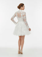 Marilla | Short White A - Line Illusion Neck Long Sleeves Lace Wedding Dresses - KissProm