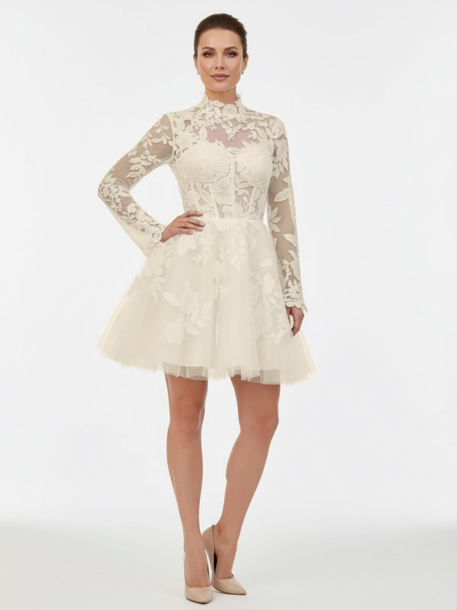 Short White A-Line Illusion Neck Long Sleeves Lace Wedding Dresses, Diamond White / 10 Short White A-Line Illusion Neck Long Sleeves Lace Wedding Dresses, Diamond White / 10
