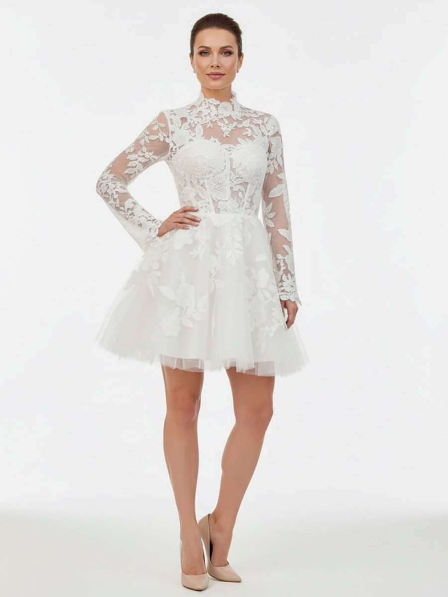 Marilla | Short White A - Line Illusion Neck Long Sleeves Lace Wedding Dresses - KissProm