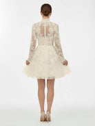Marilla | Short White A - Line Illusion Neck Long Sleeves Lace Wedding Dresses - KissProm