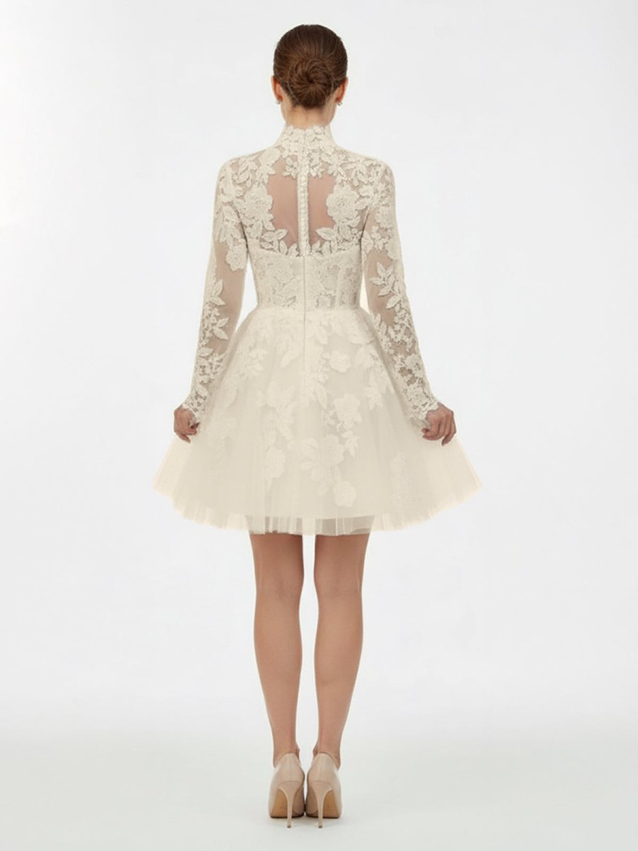 Marilla | Short White A - Line Illusion Neck Long Sleeves Lace Wedding Dresses - KissProm