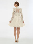 Marilla | Short White A - Line Illusion Neck Long Sleeves Lace Wedding Dresses - KissProm