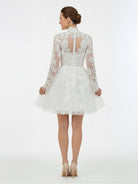 Marilla | Short White A - Line Illusion Neck Long Sleeves Lace Wedding Dresses - KissProm