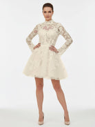 Marilla | Short White A - Line Illusion Neck Long Sleeves Lace Wedding Dresses - KissProm
