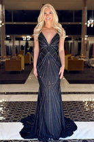 Liya | Black - V Neck Mermaid Satin Long Prom Dresses With Beading - KissProm