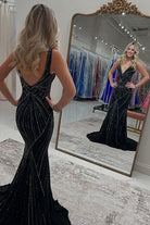 Liya | Black - V Neck Mermaid Satin Long Prom Dresses With Beading - KissProm