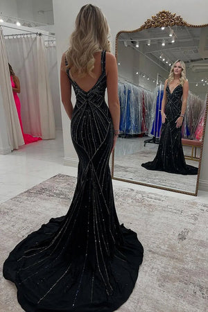 Liya | Black - V Neck Mermaid Satin Long Prom Dresses With Beading - KissProm