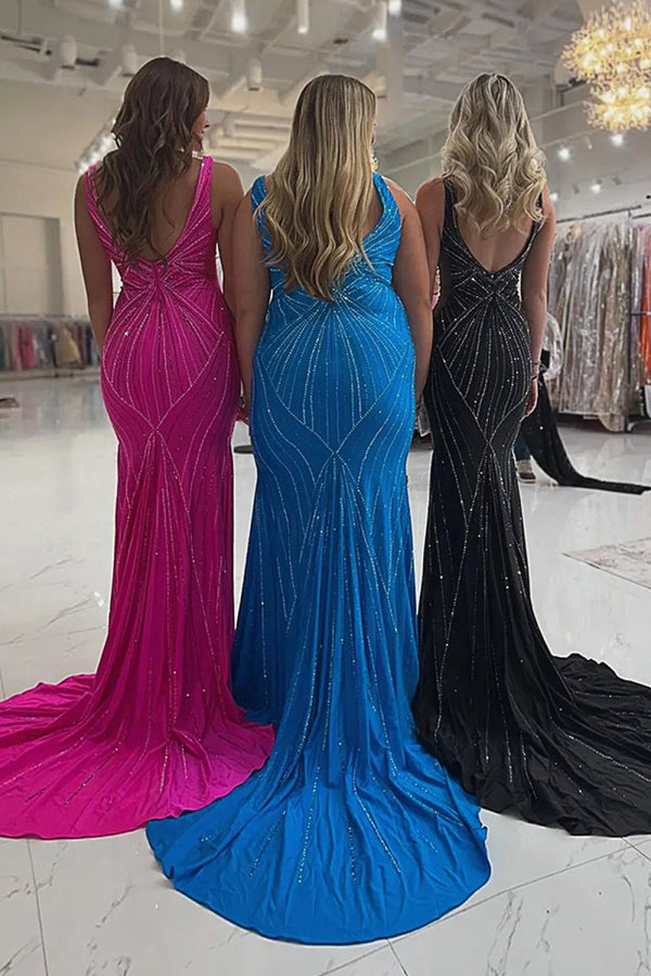 Liya | Black - V Neck Mermaid Satin Long Prom Dresses With Beading - KissProm