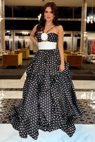 Liyana | Black - Halter Satin A Line Dot Prom Dresses With Flower - KissProm