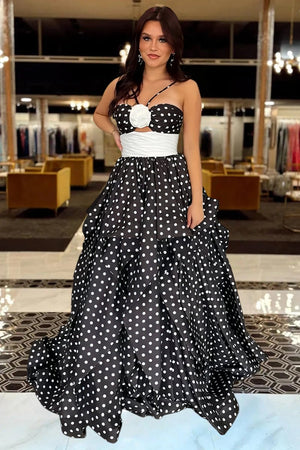 Liyana | Black - Halter Satin A Line Dot Prom Dresses With Flower - KissProm