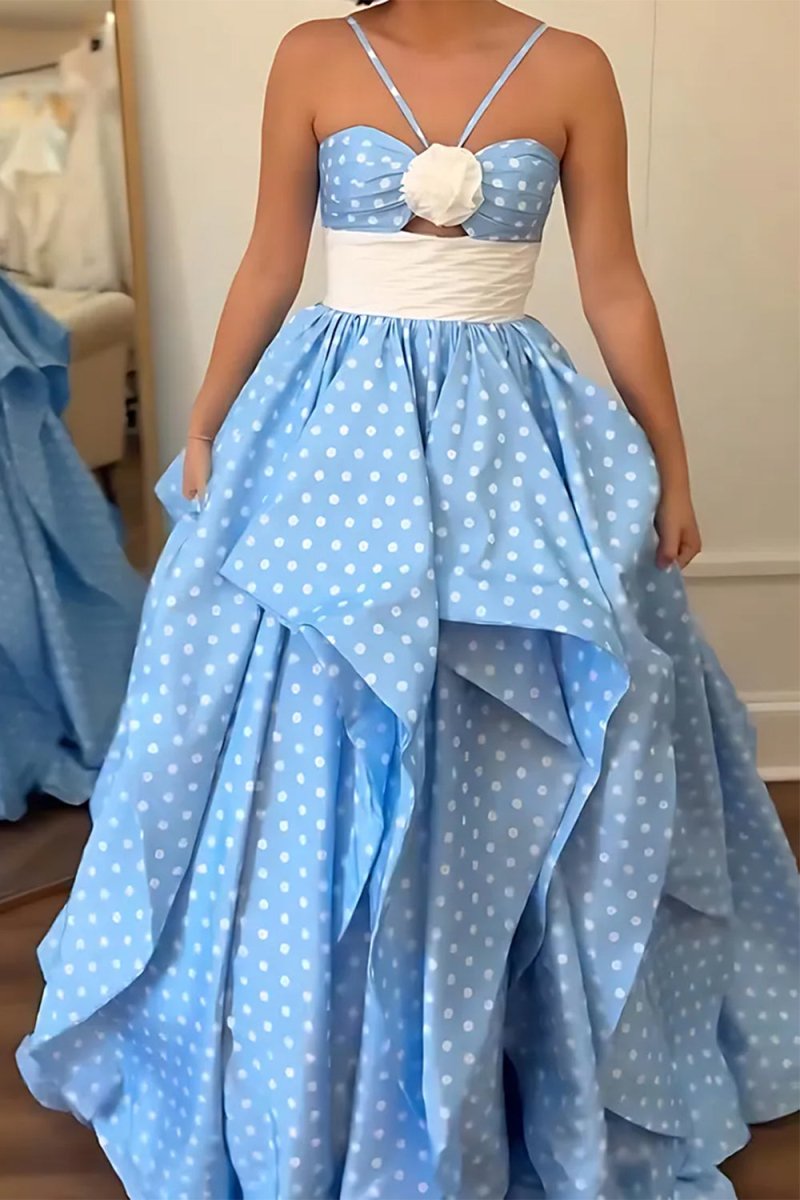 Liyana | Blue - Halter Satin A Line Dot Prom Dresses With Flower - KissProm