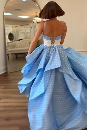 Liyana | Blue - Halter Satin A Line Dot Prom Dresses With Flower - KissProm