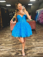 Lizy | Blue - V Neck Tulle Ruffles A-line Short Homecoming Dresses