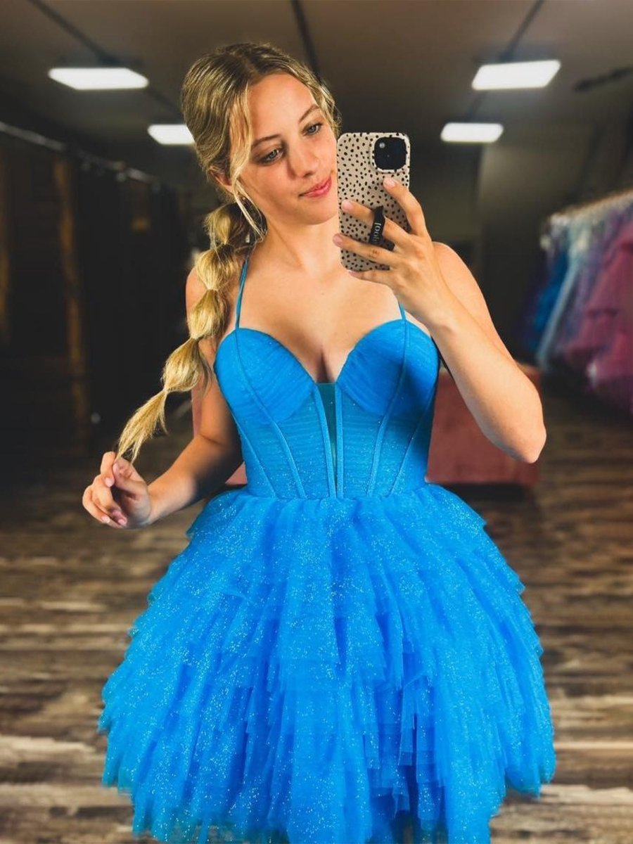Lizy | Blue - V Neck Tulle Ruffles A-line Short Homecoming Dresses