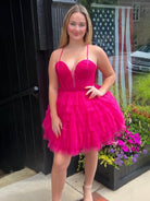 Lizy | Fuchsia - V Neck Tulle Ruffles A-line Short Homecoming Dresses