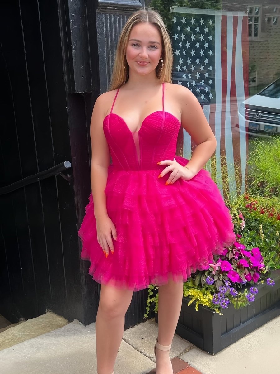 Lizy | Fuchsia - V Neck Tulle Ruffles A-line Short Homecoming Dresses