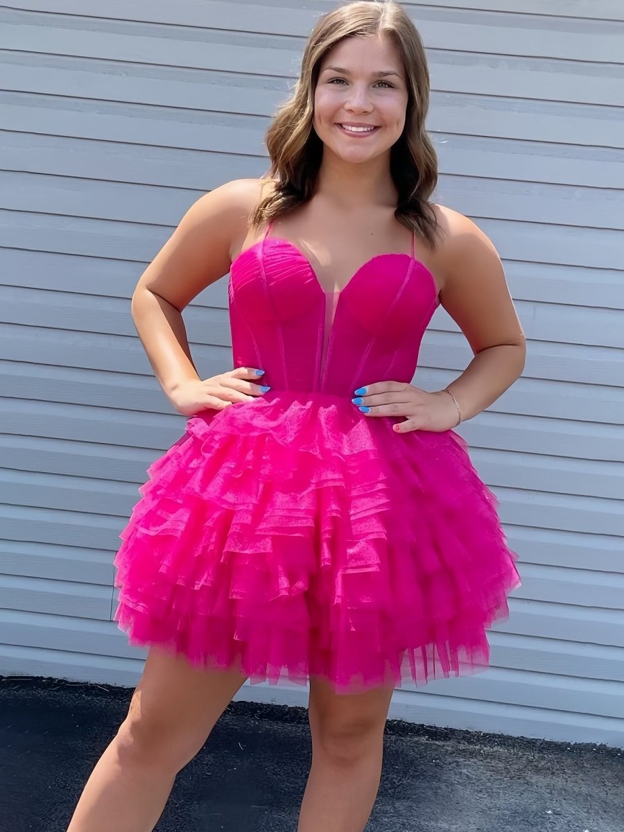 Lizy | Fuchsia - V Neck Tulle Ruffles A-line Short Homecoming Dresses