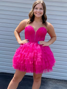 Lizy | Fuchsia - V Neck Tulle Ruffles A-line Short Homecoming Dresses