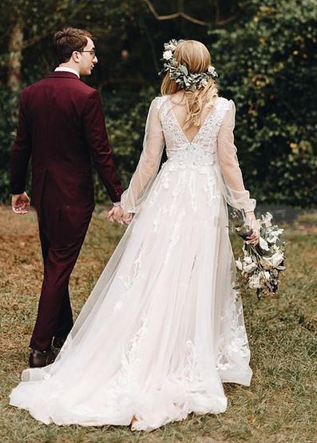 Long Bohemian Wedding Dresses Illusion Sleeves V Neck Back