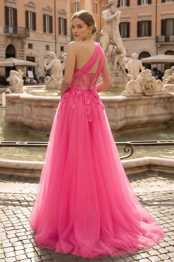 Light Yellow One Shoulder 3D Appliques Beading Long Prom Dress with Slit - KISSPROM PROM DRESSES
