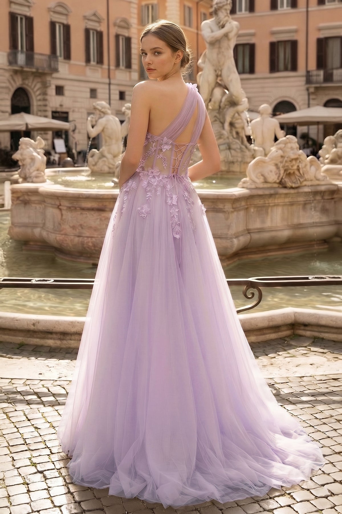 KissProm Light Yellow One Shoulder 3D Appliques Beading Long Prom Dress with Slit, Lavender / 8