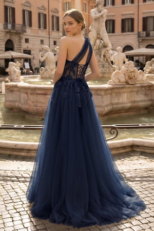Light Yellow One Shoulder 3D Appliques Beading Long Prom Dress with Slit - KISSPROM PROM DRESSES