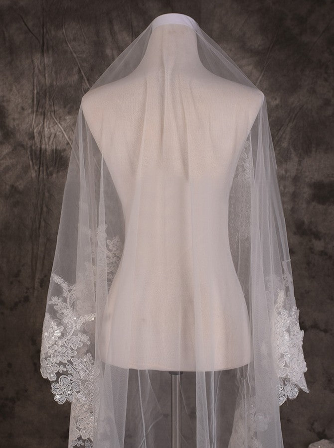 Vintage One Tier Lace Edge With Tulle Wedding Veil - KissProm