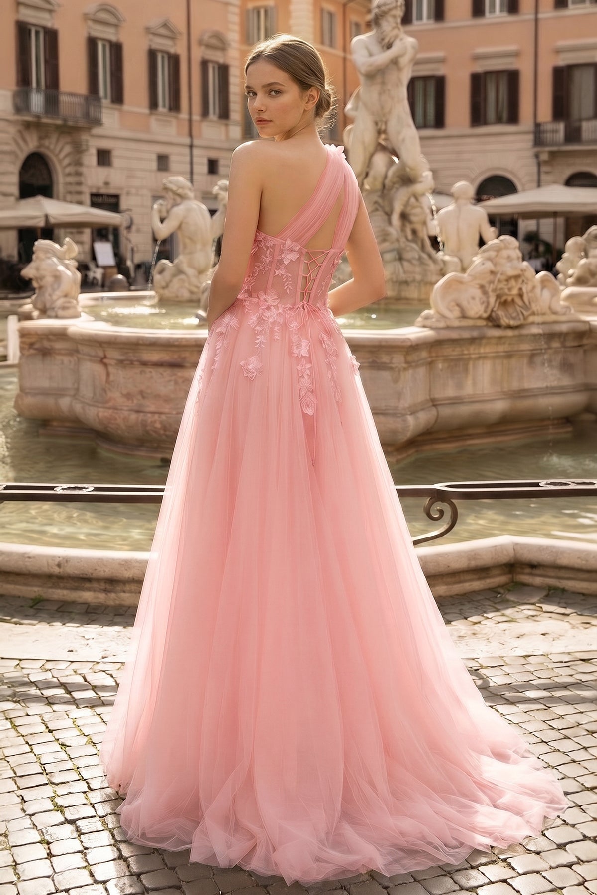 KissProm Light Yellow One Shoulder 3D Appliques Beading Long Prom Dress with Slit, Pink / 12
