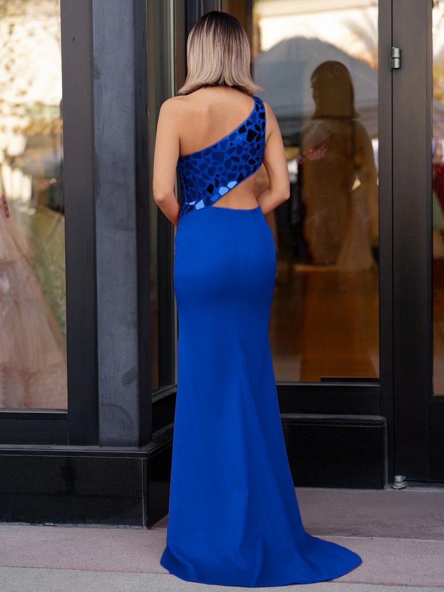 Sheath One Shoulder Cut Mirror Sequins Prom Dress, Royal Blue / 2 Sheath One Shoulder Cut Mirror Sequins Prom Dress, Royal Blue / 2