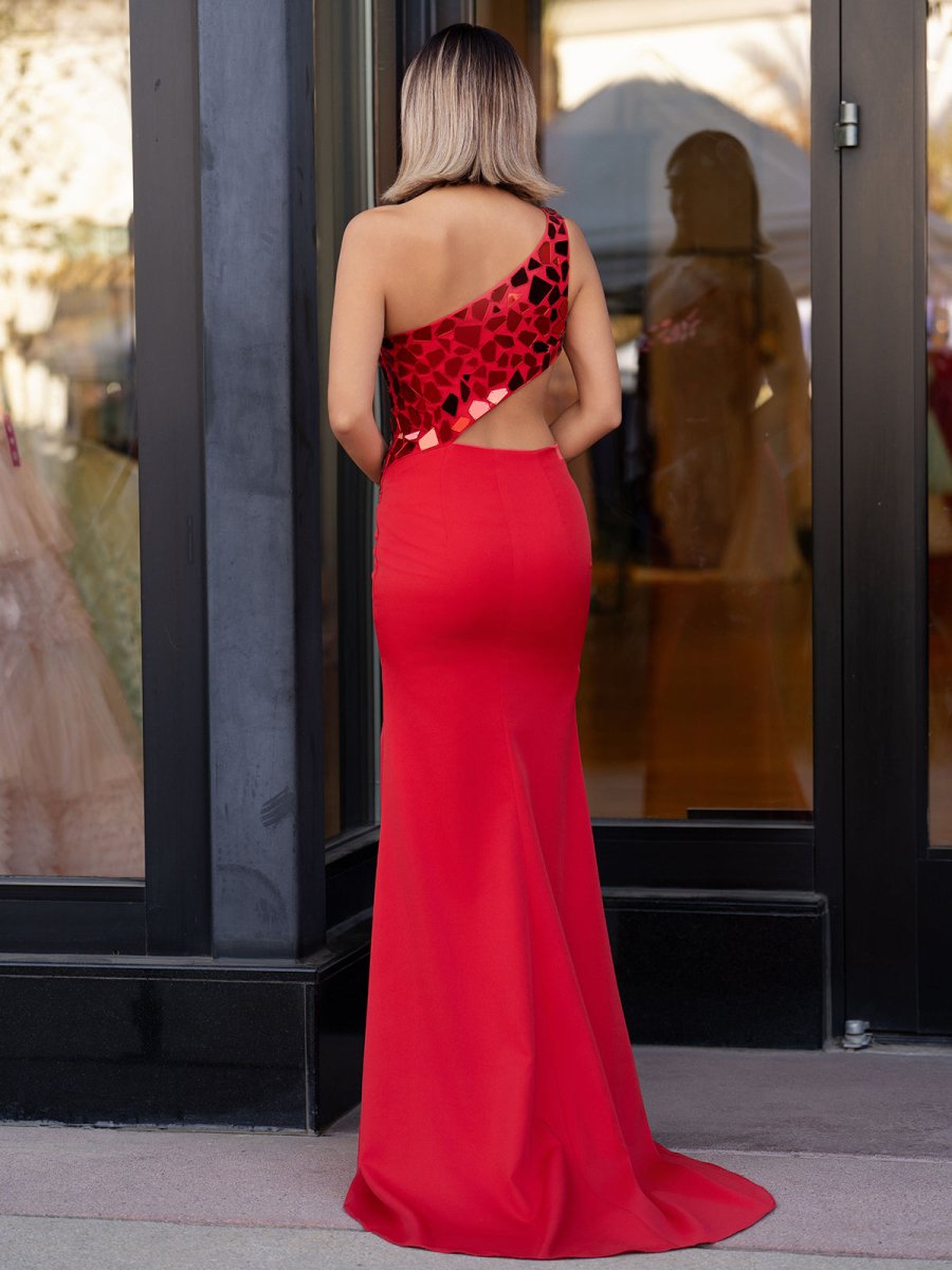 Sheath One Shoulder Cut Mirror Sequins Prom Dress, Red / 10 Sheath One Shoulder Cut Mirror Sequins Prom Dress, Red / 10