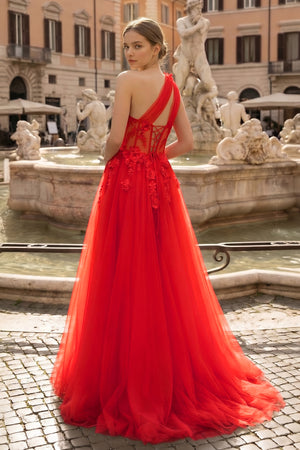 Light Yellow One Shoulder 3D Appliques Beading Long Prom Dress with Slit - KISSPROM PROM DRESSES