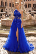 Light Yellow One Shoulder 3D Appliques Beading Long Prom Dress with Slit - KISSPROM PROM DRESSES