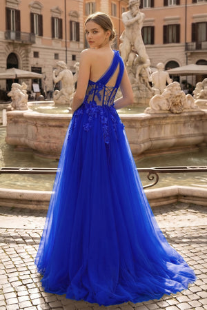 Light Yellow One Shoulder 3D Appliques Beading Long Prom Dress with Slit - KISSPROM PROM DRESSES