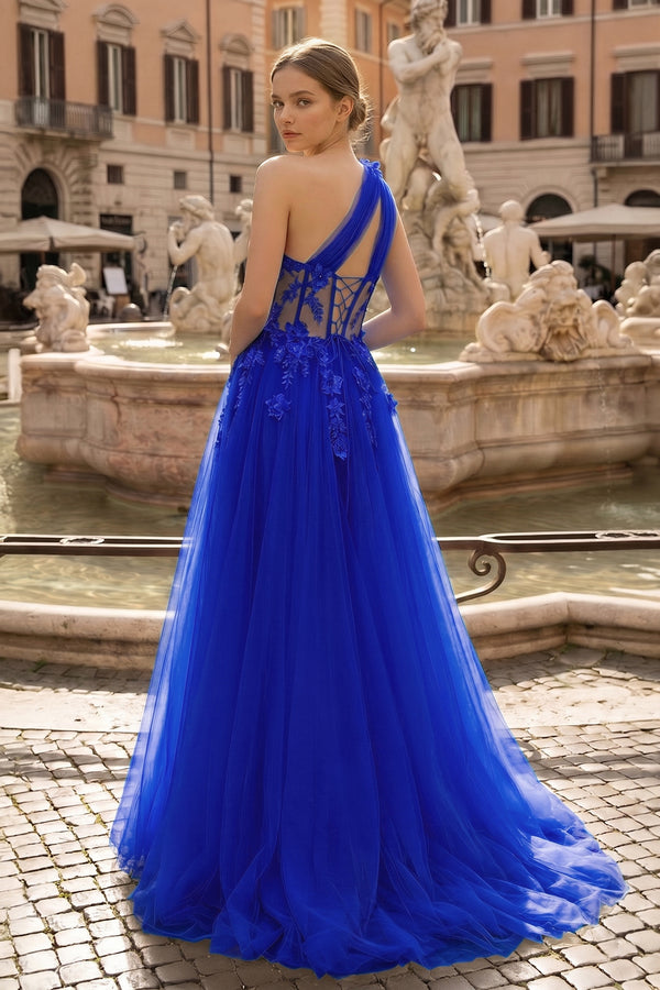 Light Yellow One Shoulder 3D Appliques Beading Long Prom Dress with Slit - KISSPROM PROM DRESSES