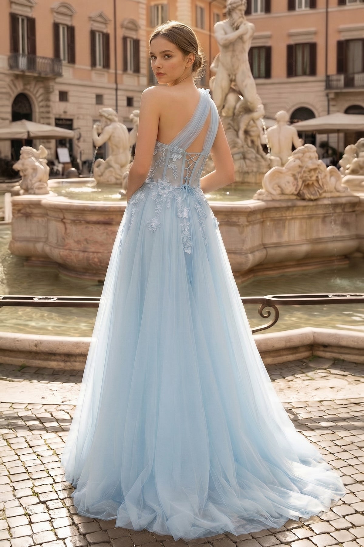 Light Yellow One Shoulder 3D Appliques Beading Long Prom Dress with Sl Light Yellow One Shoulder 3D Appliques Beading Long Prom Dress with Sl