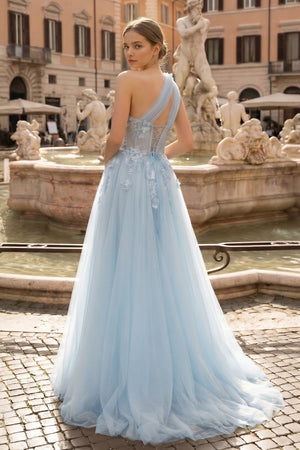 Light Yellow One Shoulder 3D Appliques Beading Long Prom Dress with Slit - KISSPROM PROM DRESSES