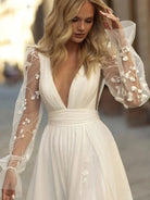 Long Sleeve Boho Flowy Wedding Dress Lace A - Line V - Neck Beach Gown with Split Front and Sweep Train - KissProm