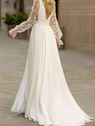 Long Sleeve Boho Flowy Wedding Dress Lace A - Line V - Neck Beach Gown with Split Front and Sweep Train - KissProm