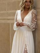 Long Sleeve Boho Flowy Wedding Dress Lace A - Line V - Neck Beach Gown with Split Front and Sweep Train - KissProm