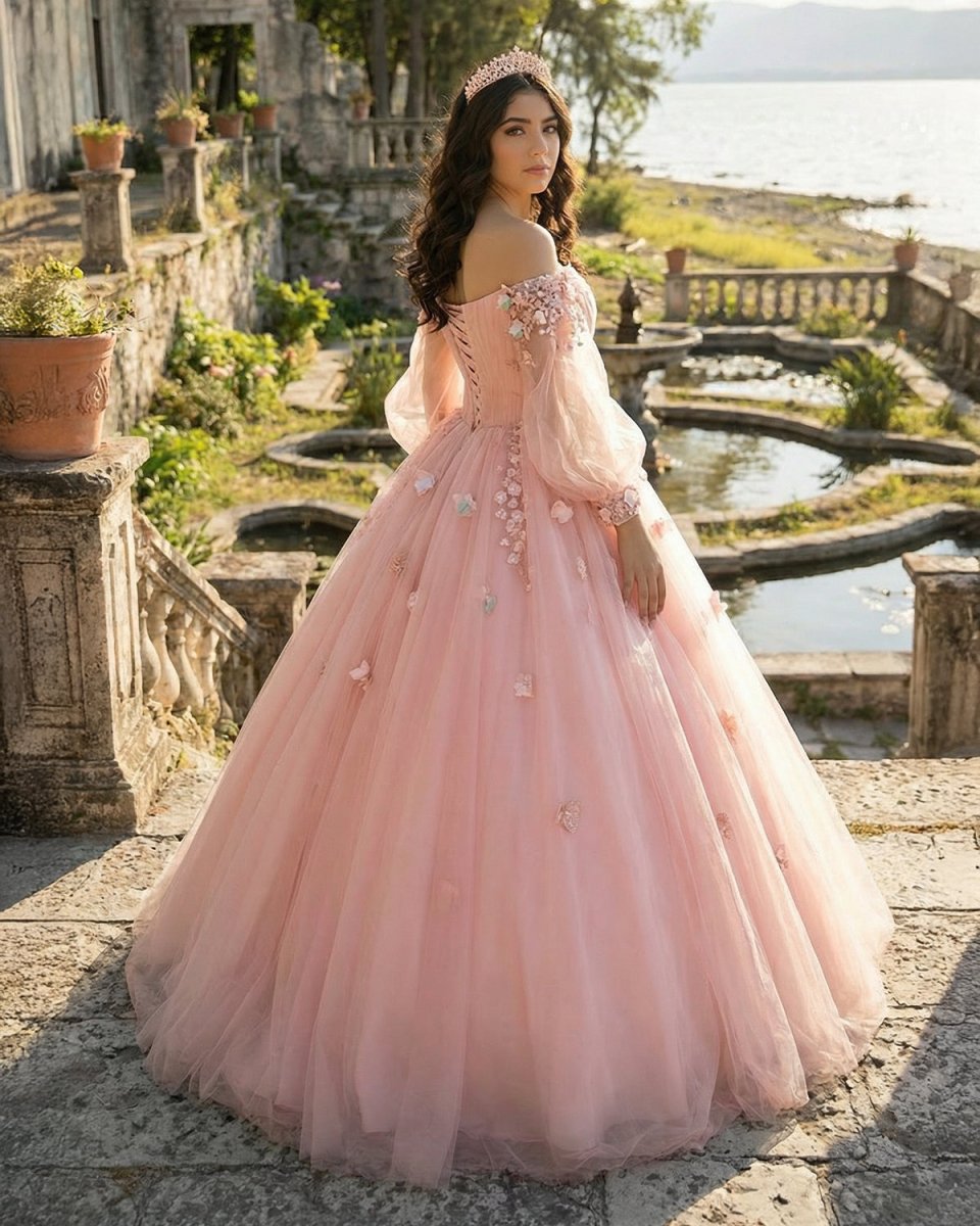Long Sleeve Pearl Pink Off The Shoulder Quinceanera Dress with Hand-made Flower Pink / 4