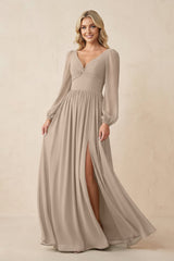 Long Sleeve V - Neck A - Line Chiffon Bridesmaid Dress in Almond - KissProm Bridesmaid Dresses