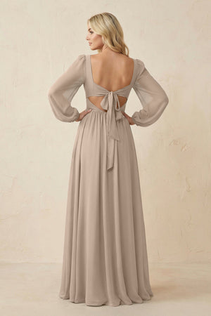 Long Sleeve V - Neck A - Line Chiffon Bridesmaid Dress in Almond - KissProm Bridesmaid Dresses