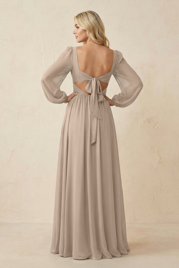 Long Sleeve V - Neck A - Line Chiffon Bridesmaid Dress in Almond - KissProm Bridesmaid Dresses