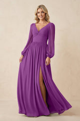Long Sleeve V - Neck A - Line Chiffon Bridesmaid Dress in Amethyst - KissProm Bridesmaid Dresses