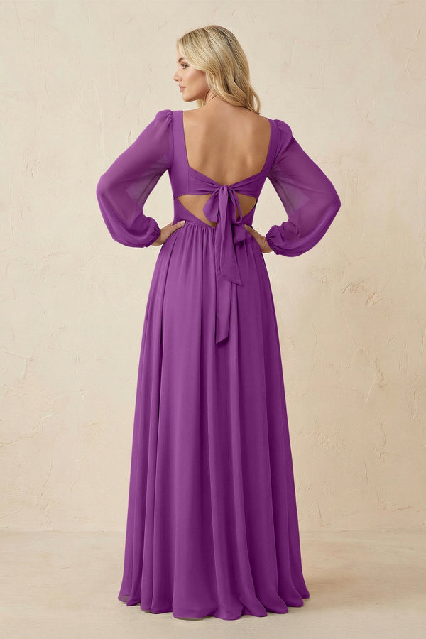 Long Sleeve V - Neck A - Line Chiffon Bridesmaid Dress in Amethyst - KissProm Bridesmaid Dresses