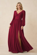 Long Sleeve V - Neck A - Line Chiffon Bridesmaid Dress in Berry - KissProm Bridesmaid Dresses