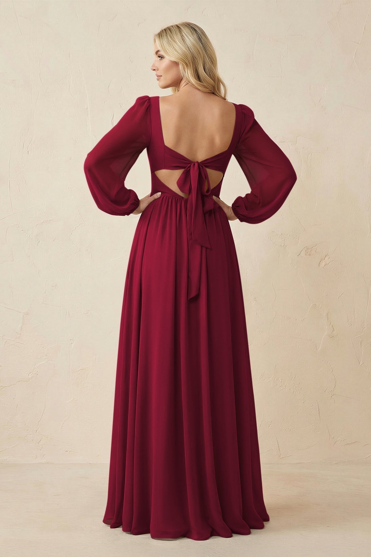 KissProm Long Sleeve V-Neck A-Line Chiffon Bridesmaid Dress in Berry, Berry / 26